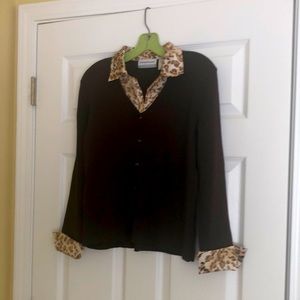 Brown shirt with caramel and brown, leopard print collar and cuffs.